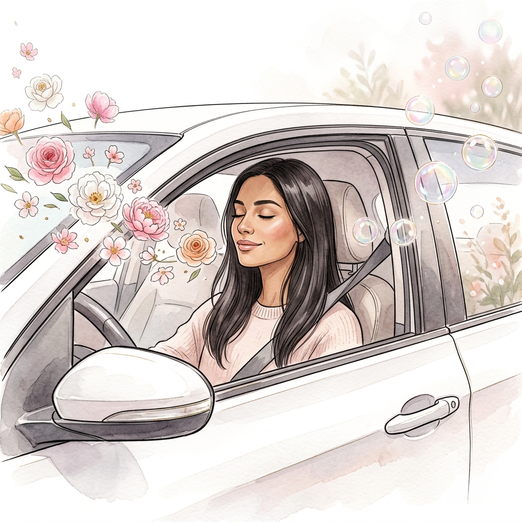 Illustration of Ilona sitting peacefully in her white car, breathing in flowers and out bubbles
